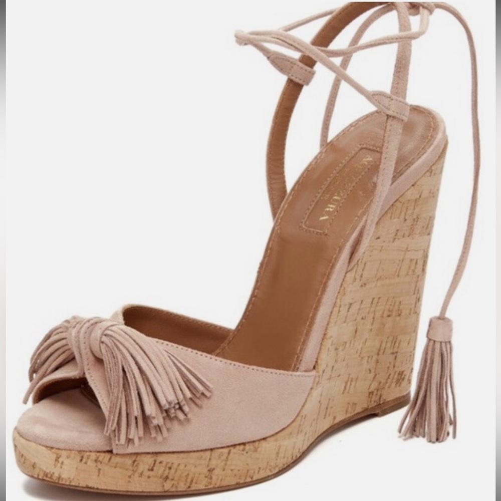 Aquazzura Wild One Wedge Sandals with Tassels Nude-Tan /VintagePink Color Size37 - Picture 3 of 11